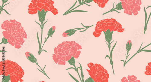 Seamless Floral Pattern with Pink Carnations and Green Leaves on Peach Background