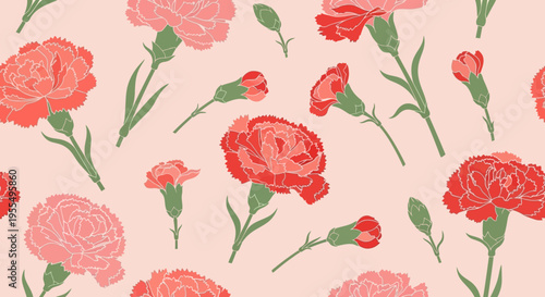 Seamless Floral Pattern with Pink and Red Carnations on Soft Pink Background; Elegant Botanical Illustration for Mother's Day, Spring Greeting Cards and Textile Design.