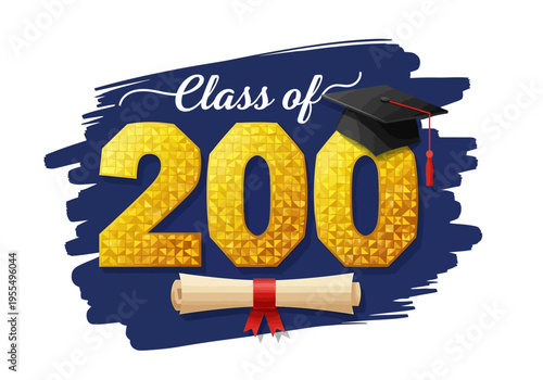 Class of Graduation Template with Golden Mosaic Numbers, Mortarboard Cap, and Diploma Scroll on Navy Blue Brush Stroke Background for Senior Year Academic Achievement