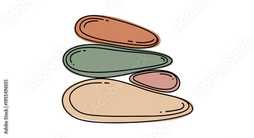 Minimalist illustration of stacked organic pebble shapes representing balance, zen, and stability. Calm earthy tones with simple line art.