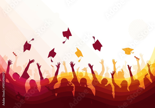 Graduation Silhouette Illustration of Students Celebrating Success Throwing Graduation Caps into the Air for Commencement Ceremony Concept