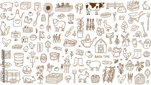 Farm and gardening doodle icon set. Hand-drawn sketches of farm animals, garden tools, plants, barn, and vegetables. Rural life linear vector illustrations in rustic style.