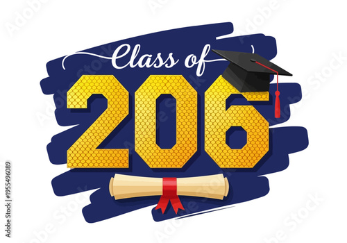 Class of 2026 Graduation Graphic with Gold Numbers, Mortarboard and Diploma on Blue Background