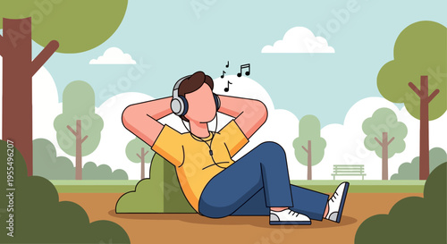Modern vector illustration of man relaxing in park while listening to music with headphones, peaceful outdoor lifestyle scene with trees and bench