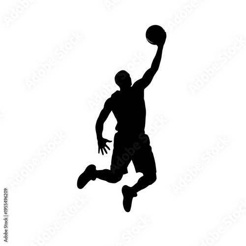 Black basketball player silhouette jumping for dunk or layup vector illustration isolated on light background, dynamic sport action pose