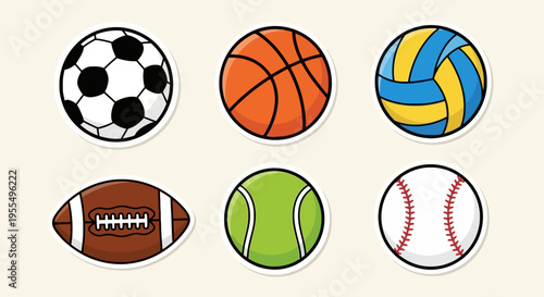Flat vector sports ball icon set with soccer, basketball, volleyball, rugby, tennis and baseball, colorful collection isolated on beige background