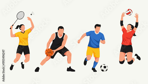 Flat vector illustration of athletes playing volleyball, basketball and soccer, dynamic sports action characters isolated on white background