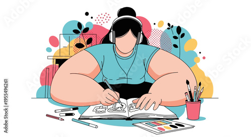 Cute vector illustration of woman drawing in sketchbook while listening to music with headphones, creative art hobby scene with colorful abstract background