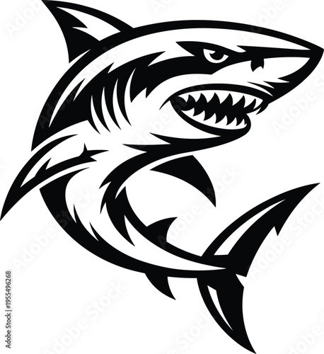 Aggressive shark mascot logo in black and white, bold vector illustration with sharp teeth, dynamic marine predator design for sports team branding and emblem use