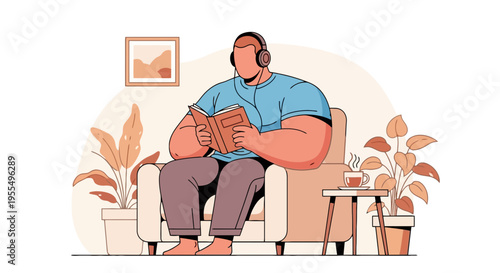 Modern vector illustration of man reading book while listening to music with headphones at home, cozy indoor lifestyle scene with armchair, coffee and plants
