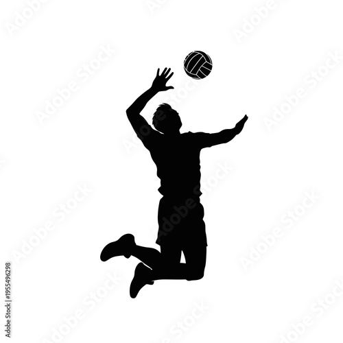 Black volleyball player silhouette jumping for spike or serve vector illustration isolated on light background, dynamic sport action pose
