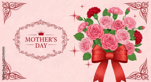 Elegant Mother's Day Greeting Card Featuring a Bouquet of Pink Roses and Red Carnations with a Decorative Vintage Frame on a Light Pink Floral Background