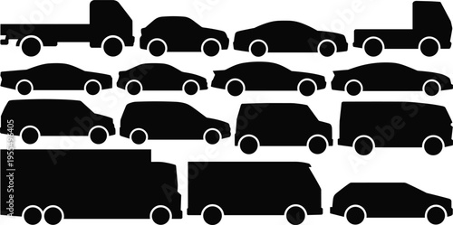 Collection of car and truck silhouettes isolated on white background, detailed vector set of various transport vehicles including sedan, van, pickup and delivery trucks
