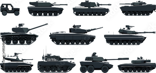 Collection of military tank and armored vehicle silhouettes isolated on white background, detailed vector illustration of modern warfare equipment, army transport and combat machines set