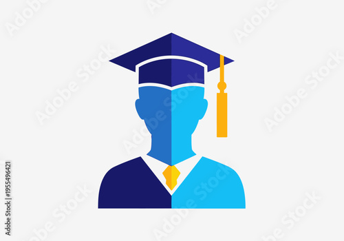 Professional Graduation Student Icon in Flat Design, Academic Success and Higher Education Concept, Blue and Yellow Vector Illustration of a Graduate with Mortarboard