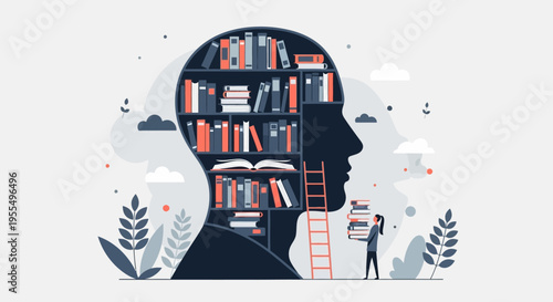 Conceptual Illustration of Human Head Profile as a Bookshelf for Knowledge, Education, and Lifelong Learning Concept