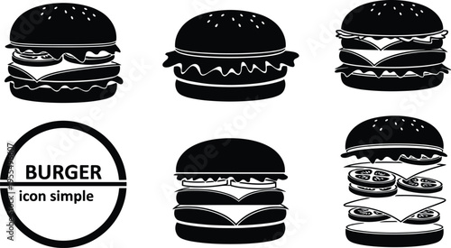Burger icon set with hamburger cheeseburger and layered fast food sandwich silhouettes vector illustration for restaurant menu branding design