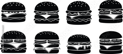 Burger icon set with hamburger cheeseburger and layered fast food sandwich silhouettes vector illustration collection for restaurant menu design