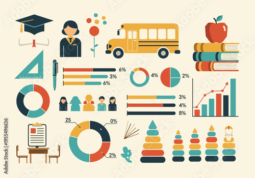 Education Infographic Elements with School Icons and Data Charts for Academic Statistics and Learning Analytics