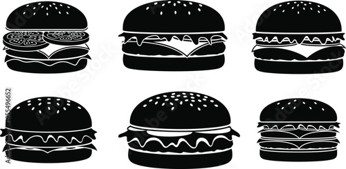 Burger silhouette icon collection with cheeseburger hamburger and fast food sandwich vector illustration set for restaurant menu design