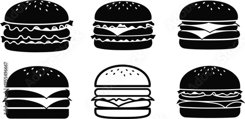 Burger silhouette icon collection with hamburger cheeseburger and fast food sandwich vector illustration set for restaurant menu branding