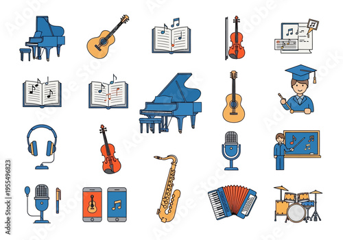 Music Education and Instrument Vector Icon Set - Piano, Guitar, Violin, Saxophone, Drums, and Online Learning Symbols for Professional and Educational Use
