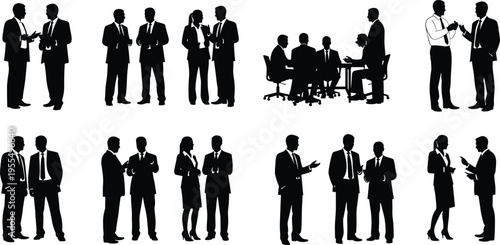 Business people conversation silhouettes set of corporate professionals discussing meeting teamwork communication office scenes isolated vector illustration collection