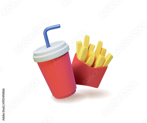 Cola drink and french fries, fast food vector 3d icon isolated on white background, Red paper bag and a drink in a red disposable cup, takeaway food and drinks