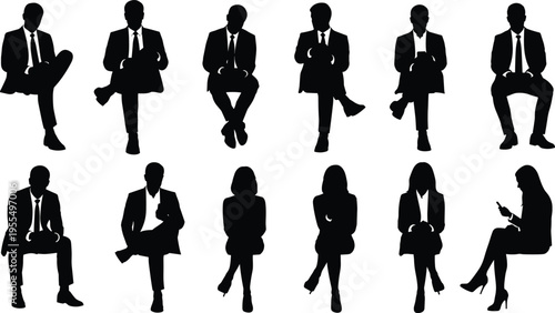 Business people sitting silhouettes collection of men and women professionals in formal attire interview poses corporate office vector set