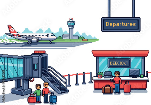 Pixel art illustration of an airport scene with a plane, jet bridge, and departures counter, depicting travel and transportation