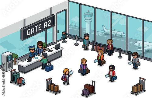 Isometric illustration of an airport departure gate with passengers and luggage waiting to board