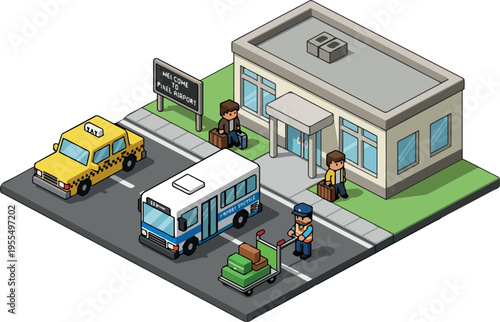 Isometric illustration of airport transportation hub with taxi, bus, and people with luggage