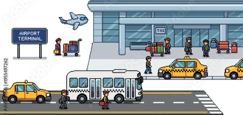 Pixel art airport scene with arriving passengers, luggage, taxis, and a bus, representing travel and transportation