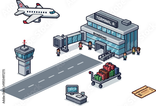 Isometric airport scene with airplane, terminal, control tower, luggage cart, and boarding pass