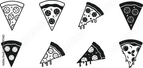 Collection of pizza slice icons with pepperoni and dripping cheese in line and solid style for fast food menu logo design