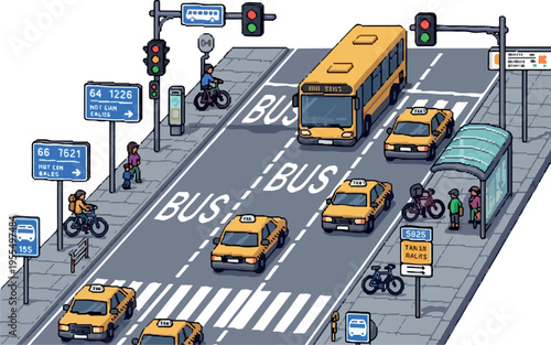 Isometric city street scene with traffic including buses and taxis at a bus stop