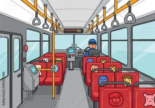 Interior view of a cartoon bus with passengers and driver, showing rows of red seats and handrails