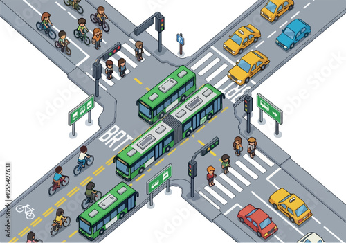 Busy city intersection with traffic and pedestrians, isometric view