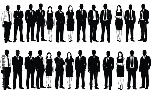 Corporate business people silhouettes lineup of men and women professionals standing together formal office team isolated vector illustration set
