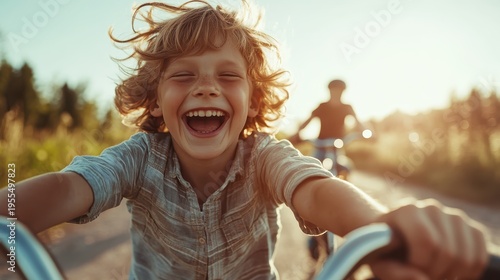 A joyful child riding a bicycle, hair flying in the breeze, capturing carefree happiness and the essence of childhood during a beautiful sunset in nature.