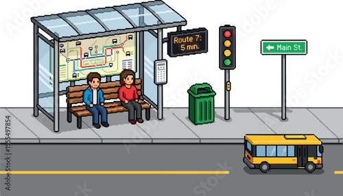 Isometric view of a bus stop with people waiting for transportation, featuring a route map, bench, trash can, and traffic light, with a bus approaching on the street