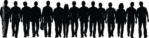 Crowd of people silhouettes walking together group of men and women urban pedestrians isolated vector illustration background