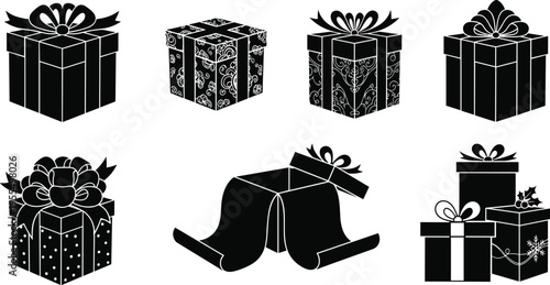 Decorative Gift Box Silhouette Icon Set with Ribbon Bow Present Packages for Holiday Celebration Birthday Surprise Party and Festive Packaging Design