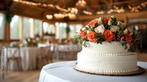 An elegant wedding cake adorned with vibrant flowers stands in a beautifully arranged reception hall, symbolizing celebration, love, and memorable moments shared among loved ones.