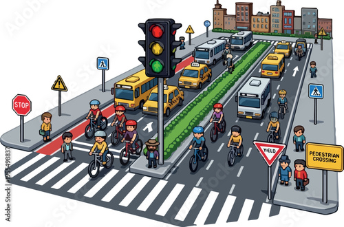 City intersection with traffic lights, bicycles, pedestrians, cars, and buses during the day