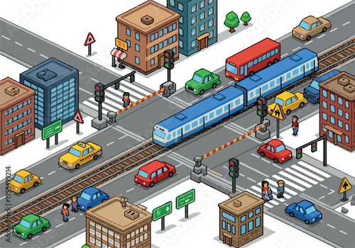 Isometric city crossroads with a train crossing, cars, and buildings