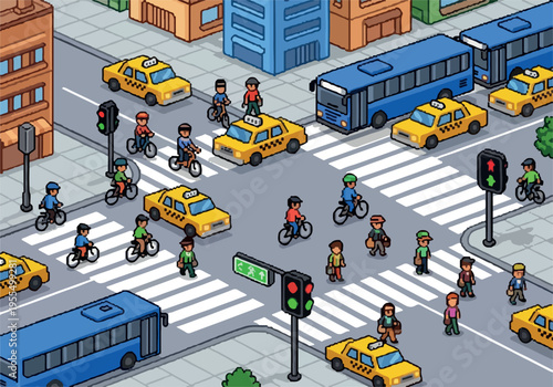 Pixelated cityscape illustration of a busy urban intersection with cars, buses, cyclists, and pedestrians navigating traffic lights