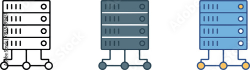 Set of three minimalist icons showing computer server racks with network connection nodes for cloud computing data storage and information technology concepts isolated on white.