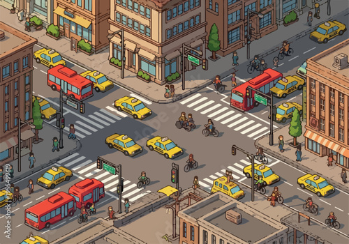 Busy city intersection with traffic, buses, taxis, and pedestrians navigating a busy urban environment