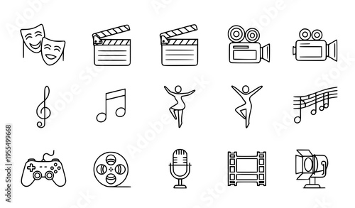 Entertainment and lifestyle line icon set with cinema theater music and gaming symbols for web and mobile UI design